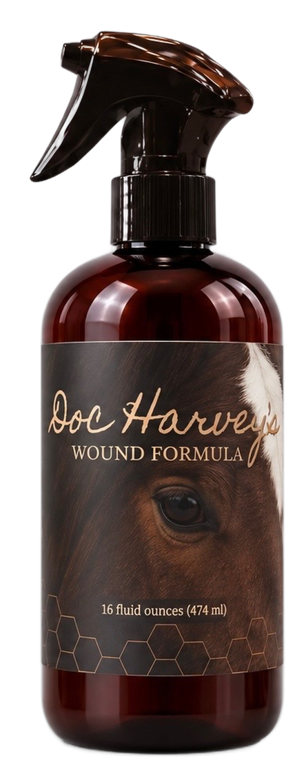 Doc Harvey's Wound Formula 16 ounce amber spray bottle, front label